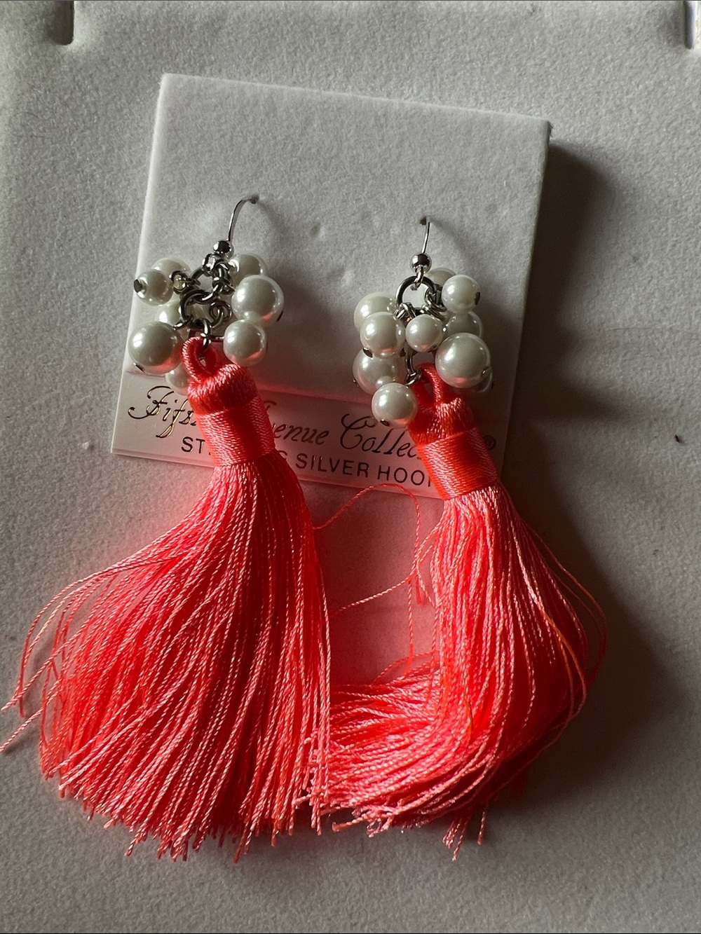 Coral Pink Tassel and Pearl Cluster Drop Earrings